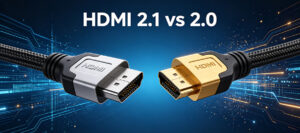 HDMI 2.1 vs 2.0 blog cover featuring two HDMI cables with silver and gold connectors on dark blue tech background