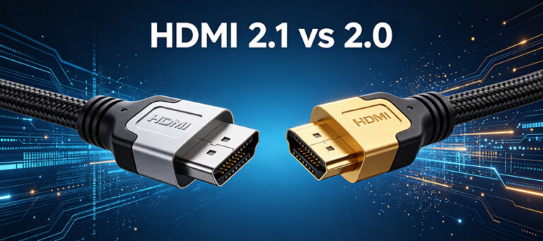HDMI 2.1 vs 2.0 blog cover featuring two HDMI cables with silver and gold connectors on dark blue tech background