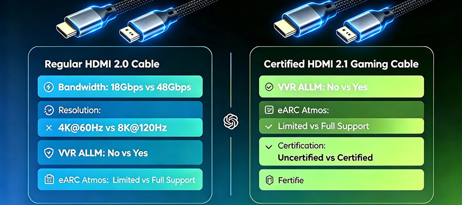 HDMI 2.0 vs HDMI 2.1 cable specification comparison chart for gaming 8K 120Hz VRR eARC