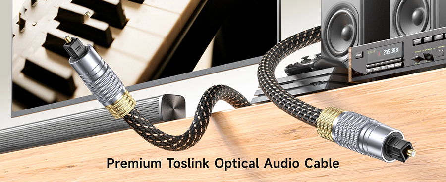 Black braided TOSLINK SPDIF optical audio cable with square optical connectors, placed with smart TV and soundbar