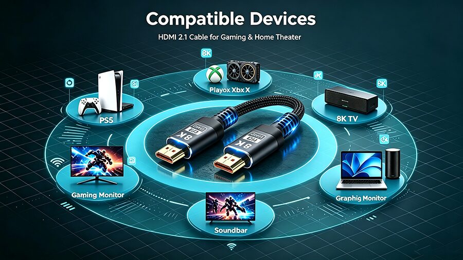 HDMI 2.1 cable compatible devices PS5 Xbox Series X gaming monitor 8K TV soundbar PC graphics card