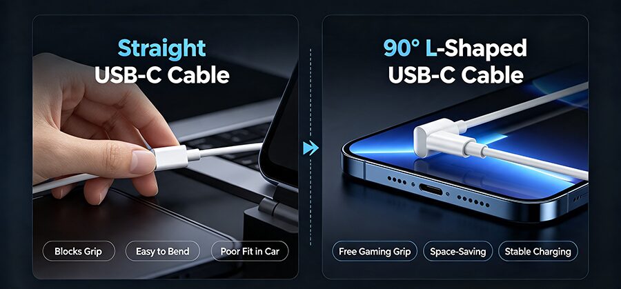 Straight USB-C cable vs right angle L-shaped USB-C cable difference for gaming and car charging