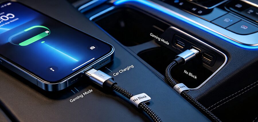 L-shaped right angle USB-C cable applied for mobile gaming and car interior fast charging