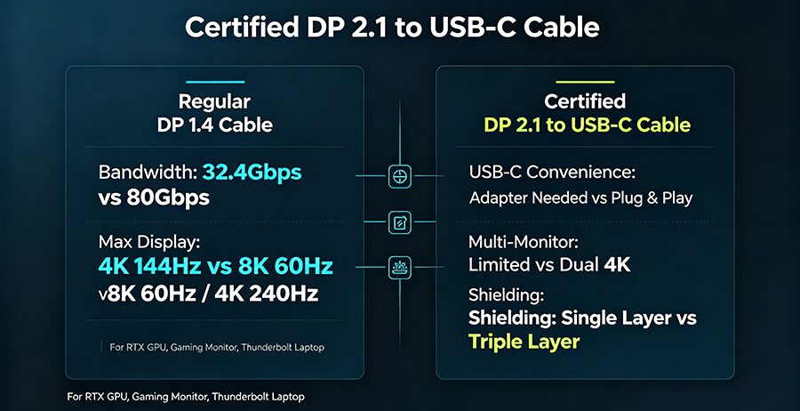 DP 1.4 vs DP 2.1 to USB-C cable spec comparison chart for 8K gaming monitors