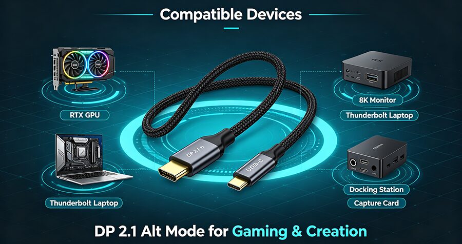 DP 2.1 to USB-C cable compatible devices RTX gaming PC, Thunderbolt laptop, 8K 240Hz monitor