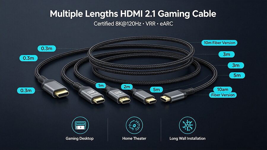 Multiple lengths certified HDMI 2.1 gaming cable 0.3m to 10m fiber version for home and gaming use
