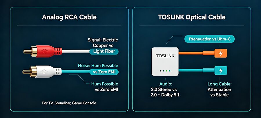 Analog RCA Cable vs TOSLINK SPDIF Optical Audio Cable specification comparison chart for home theater