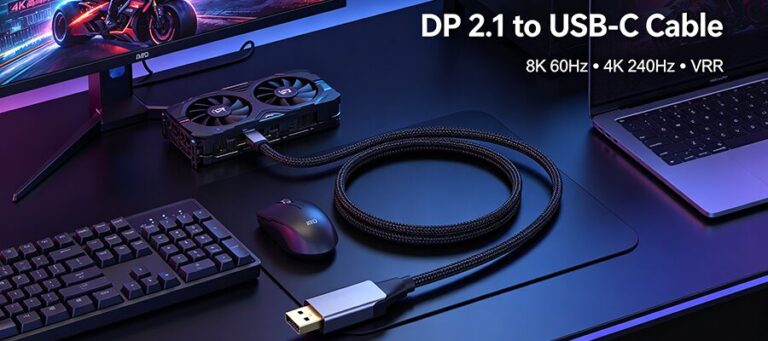 Black braided DP 2.1 to USB-C cable connected to gaming PC and 8K high refresh monitor