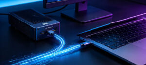 Premium USB4 Thunderbolt 5 USB-C cable connecting a laptop to an external GPU enclosure and 8K monitor with glowing blue data transfer light effects