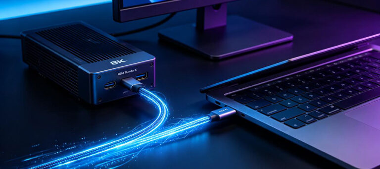Premium USB4 Thunderbolt 5 USB-C cable connecting a laptop to an external GPU enclosure and 8K monitor with glowing blue data transfer light effects