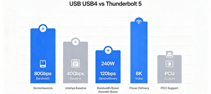 USB4 vs Thunderbolt 5 specification comparison: 80Gbps baseline, 120Gbps Bandwidth Boost, 240W power delivery, 8K video, and PCIe support.