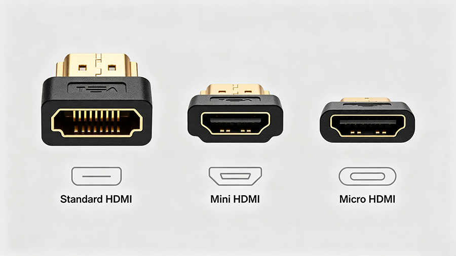Standard HDMI Mini HDMI Micro HDMI connector type size and pin difference comparison