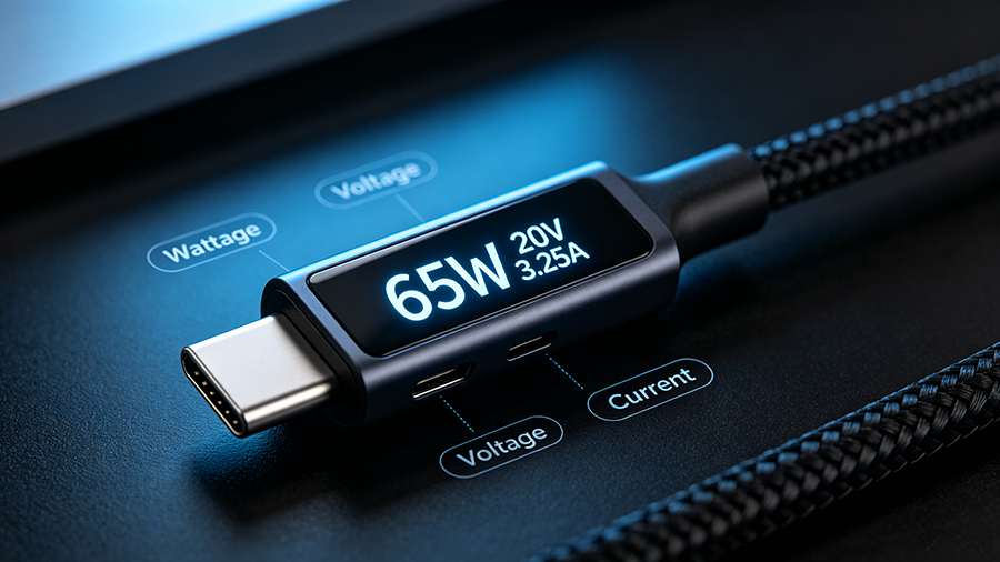 Close-up of USB-C cable digital power display showing real-time wattage, voltage and current during fast charging